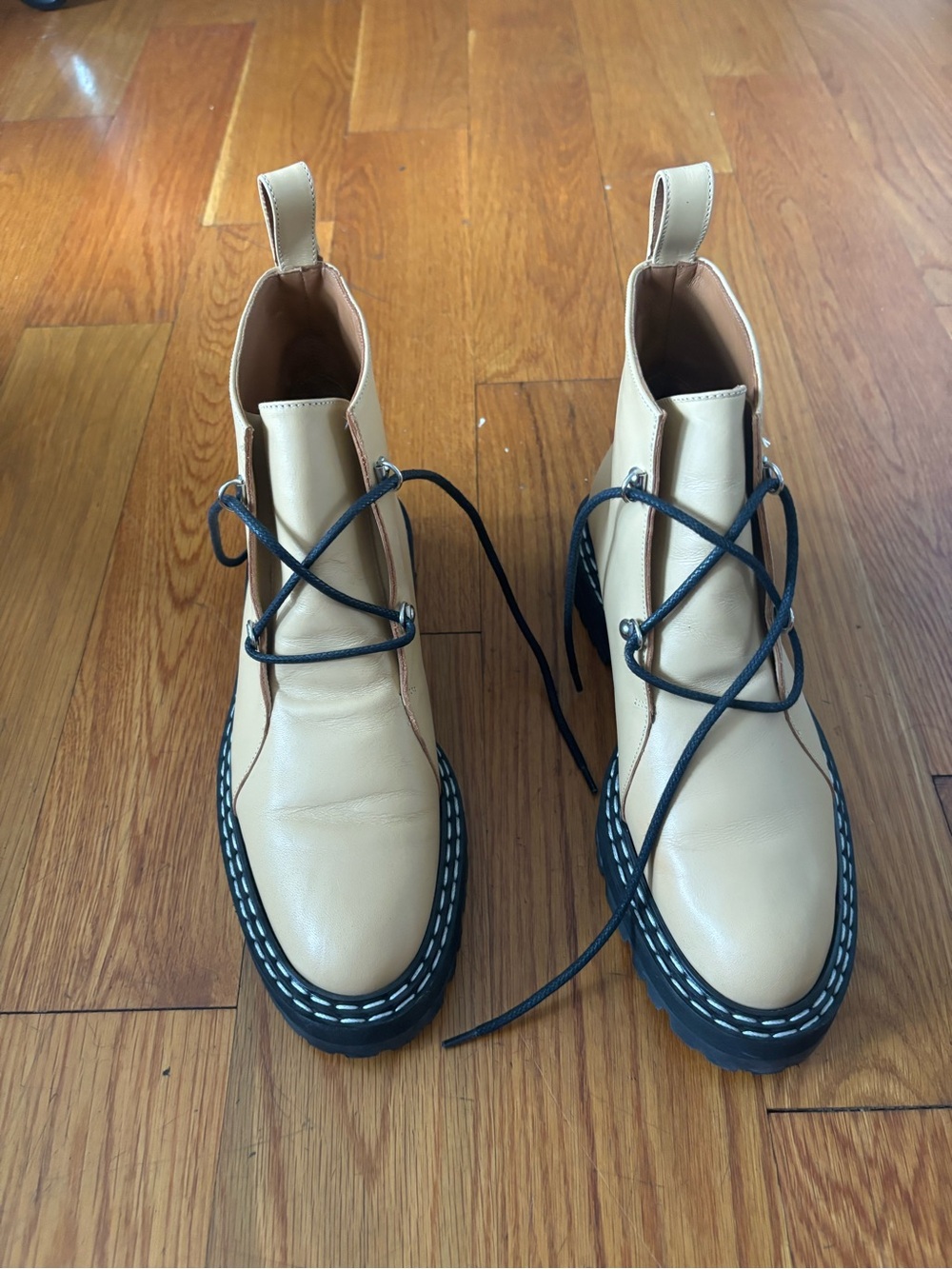 Beige Leather Combat Boots with Contrasting Black Sole